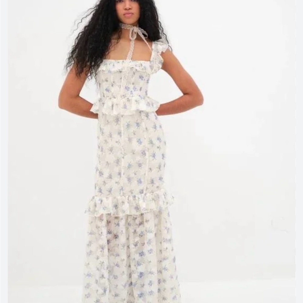 For Love & Lemons Ivory Maxi Dress with Blue Floral Print